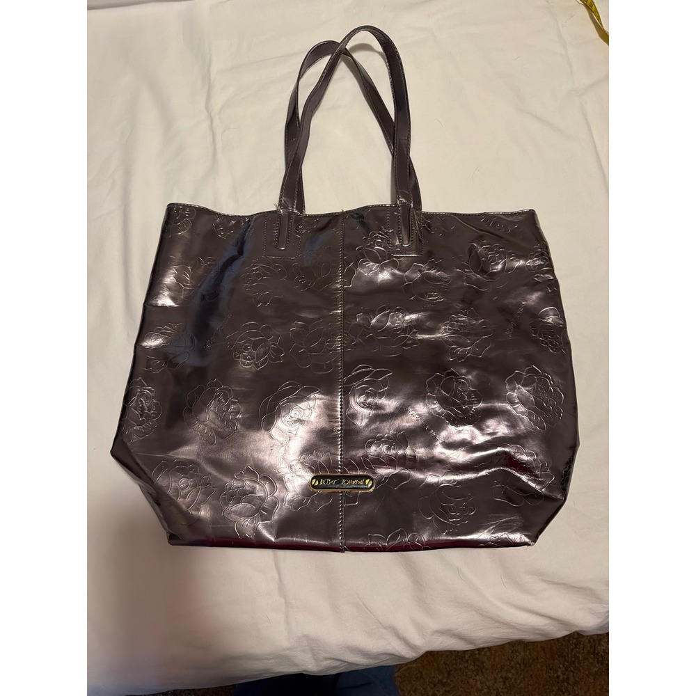 Betsey Johnson Gunmetal Metallic Embossed Rose Tote Bag Red Graphic Lining‎